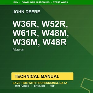 Puede incluir: Un fondo verde con texto blanco que dice "JOHN DEERE" y enumera los modelos de cortac&eacute;spedes: W36R, W52R, W61R, W48M, W36M y W48R. Debajo est&aacute; "Cortac&eacute;spedes". Un rect&aacute;ngulo amarillo indica "MANUAL T&Eacute;CNICO".