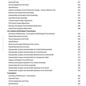 May include: A detailed table of contents from greenfarmmanuals.com, listing various tractor repair procedures. The text includes sections on clutch, HI-Lo system, and transmission components, with page numbers for each procedure.