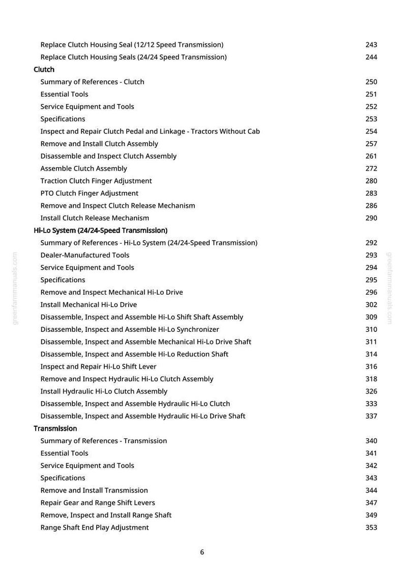 May include: A detailed table of contents from greenfarmmanuals.com, listing various tractor repair procedures. The text includes sections on clutch, HI-Lo system, and transmission components, with page numbers for each procedure.