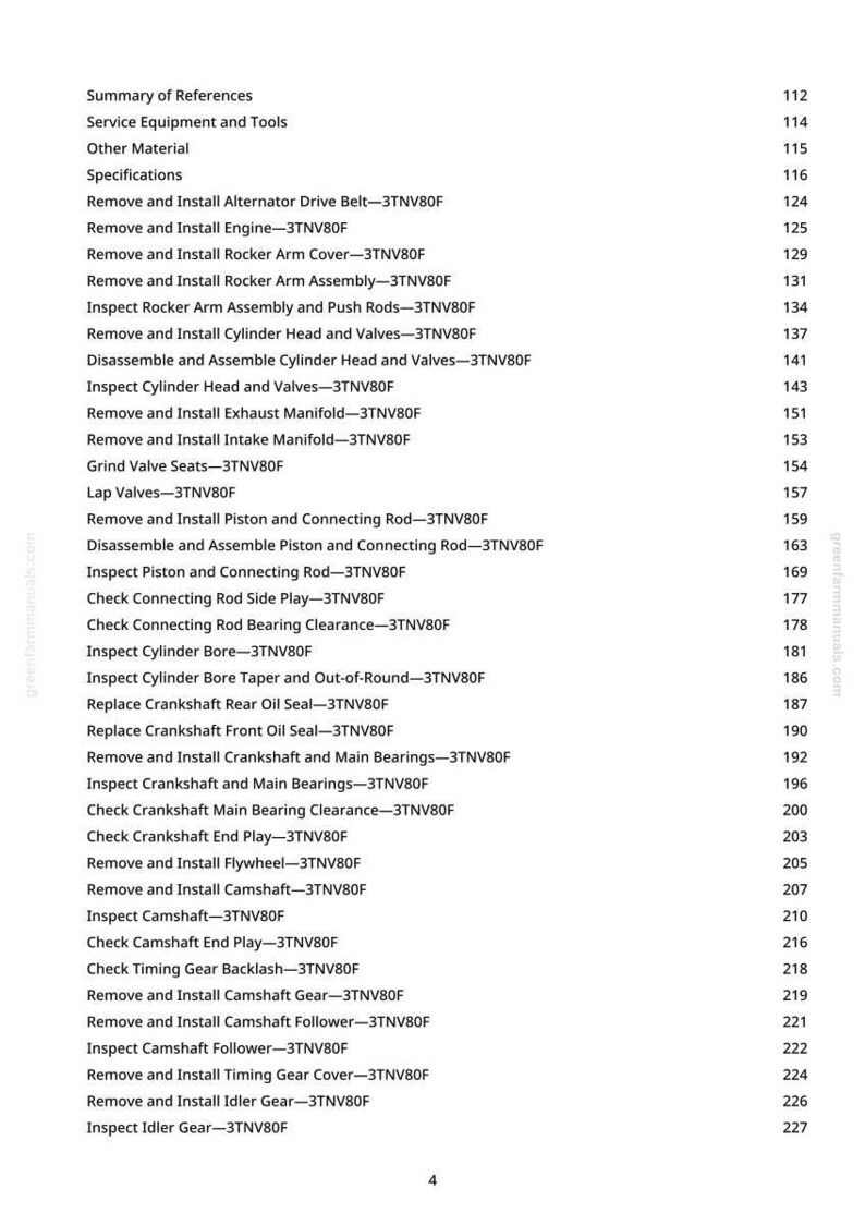 May include: A white page from a manual with a list of engine repair procedures. The text includes terms like "Remove and Install," "Inspect," and "Check." The page numbers are listed on the right side.