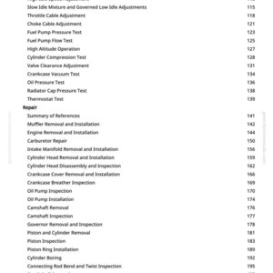May include: A page from a manual with a table of contents for tests, adjustments, and repairs. The text includes terms like "Cylinder Compression Test," "Oil Pump Installation," and "Crankshaft Inspection."