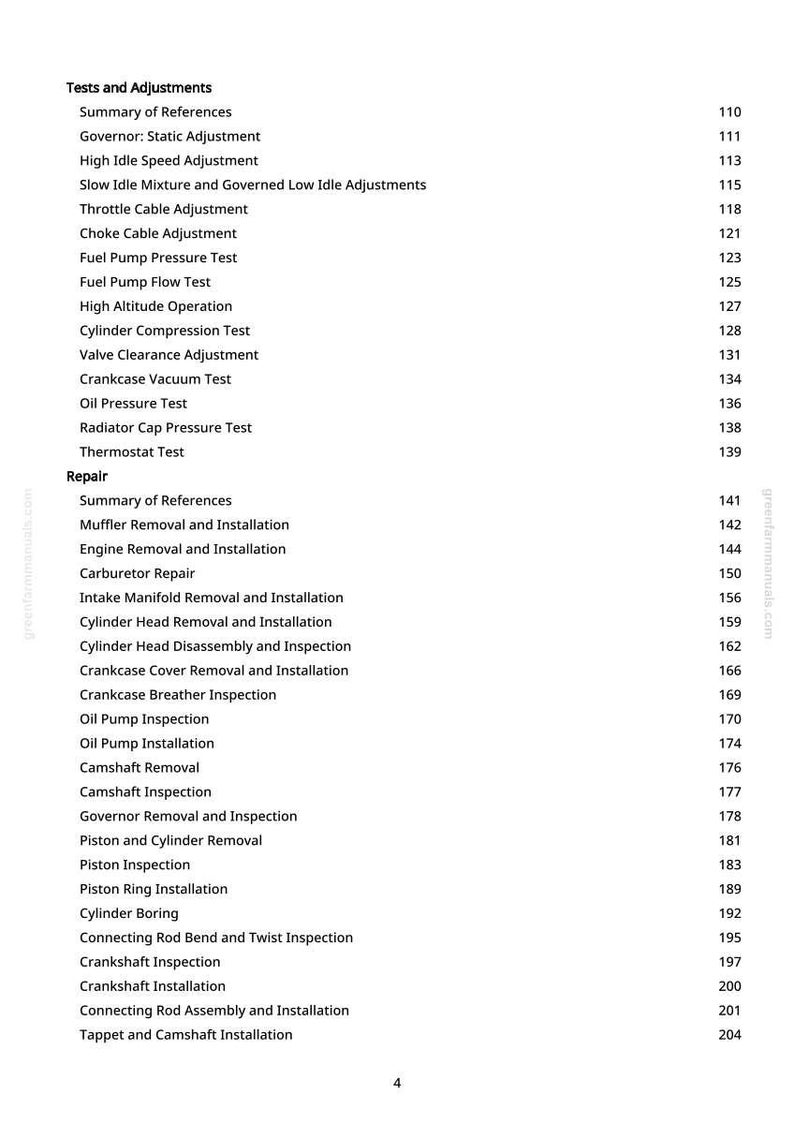May include: A page from a manual with a table of contents for tests, adjustments, and repairs. The text includes terms like "Cylinder Compression Test," "Oil Pump Installation," and "Crankshaft Inspection."