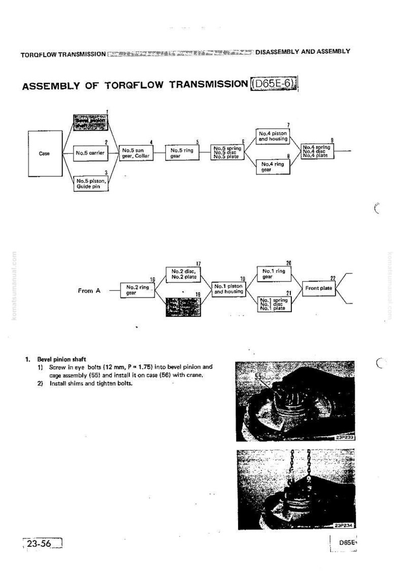 Puede incluir: Diagrama del montaje de una transmisi&oacute;n Torqflow, modelo D65E-6. La imagen incluye un esquema con componentes numerados y una gu&iacute;a paso a paso para el eje del pi&ntilde;&oacute;n c&oacute;nico, con medidas en mil&iacute;metros.