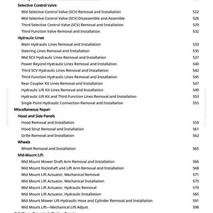 K&ouml;nnte beinhalten: Ein detailliertes Inhaltsverzeichnis aus einem Handbuch mit verschiedenen Reparatur- und Installationsverfahren. Der Text ist in schwarzer Schrift auf wei&szlig;em Hintergrund, mit Abschnittstiteln wie "Hydraulikleitungen" und "Mid-Mount Lift".