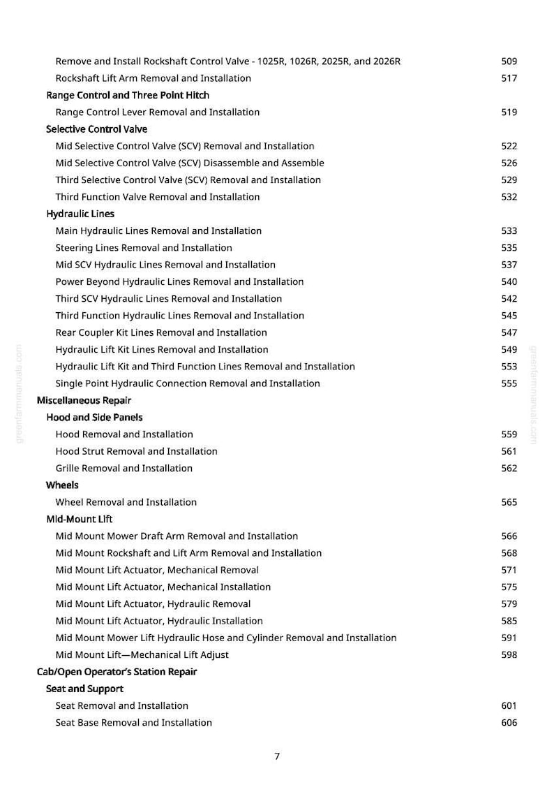 K&ouml;nnte beinhalten: Ein detailliertes Inhaltsverzeichnis aus einem Handbuch mit verschiedenen Reparatur- und Installationsverfahren. Der Text ist in schwarzer Schrift auf wei&szlig;em Hintergrund, mit Abschnittstiteln wie "Hydraulikleitungen" und "Mid-Mount Lift".