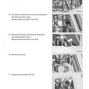 May include: Illustrated instructions for engine hood assembly disassembly and removal. Includes diagrams and steps for removing bolts, clamps, and connectors. Text includes bolt sizes in millimeters.