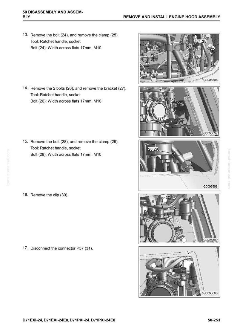 May include: Illustrated instructions for engine hood assembly disassembly and removal. Includes diagrams and steps for removing bolts, clamps, and connectors. Text includes bolt sizes in millimeters.