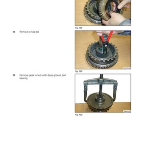 Puede incluir: Imagen instructiva que muestra el desmontaje de una transmisi&oacute;n. La imagen incluye primeros planos de engranajes, anillos de seguridad y herramientas. El logotipo de FENDT es visible. El texto incluye "Remove disk pack", "Remove circlip (9)" y "Remove gear wheel with deep-groove ball bearing".