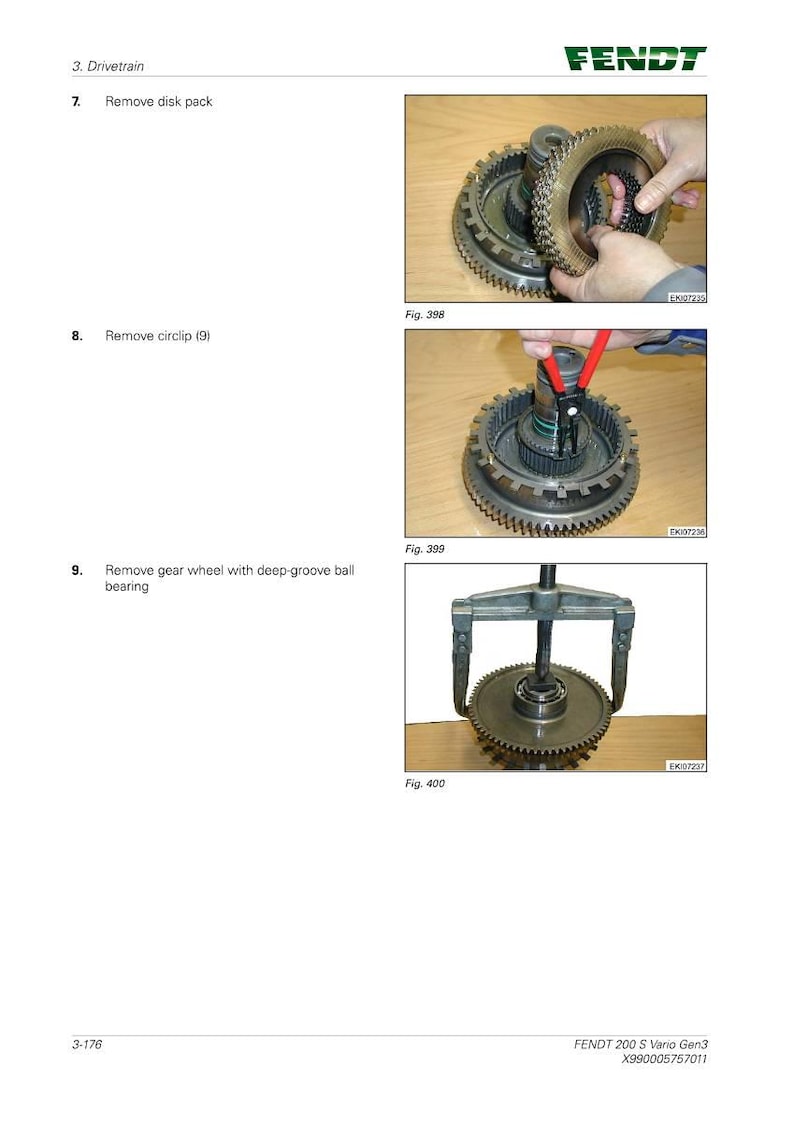 Puede incluir: Imagen instructiva que muestra el desmontaje de una transmisi&oacute;n. La imagen incluye primeros planos de engranajes, anillos de seguridad y herramientas. El logotipo de FENDT es visible. El texto incluye "Remove disk pack", "Remove circlip (9)" y "Remove gear wheel with deep-groove ball bearing".