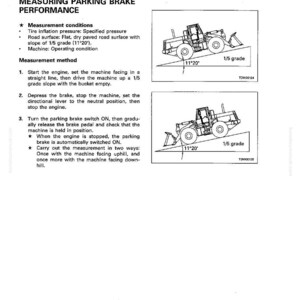 May include: Diagram of a machine on a sloped surface, illustrating parking brake performance testing. Text includes measurement conditions and a step-by-step measurement method. The slope is labeled as 1/5 grade.