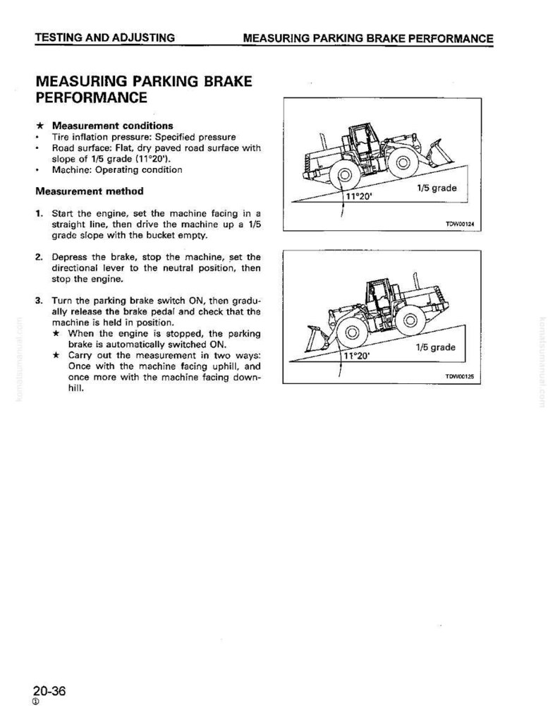 May include: Diagram of a machine on a sloped surface, illustrating parking brake performance testing. Text includes measurement conditions and a step-by-step measurement method. The slope is labeled as 1/5 grade.