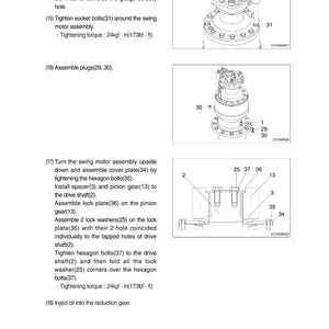 May include: Diagram of mechanical components with labels and instructions. Includes images of bolts, gears, and plates. Text details assembly steps, tightening torque, and part numbers for the swing motor assembly.