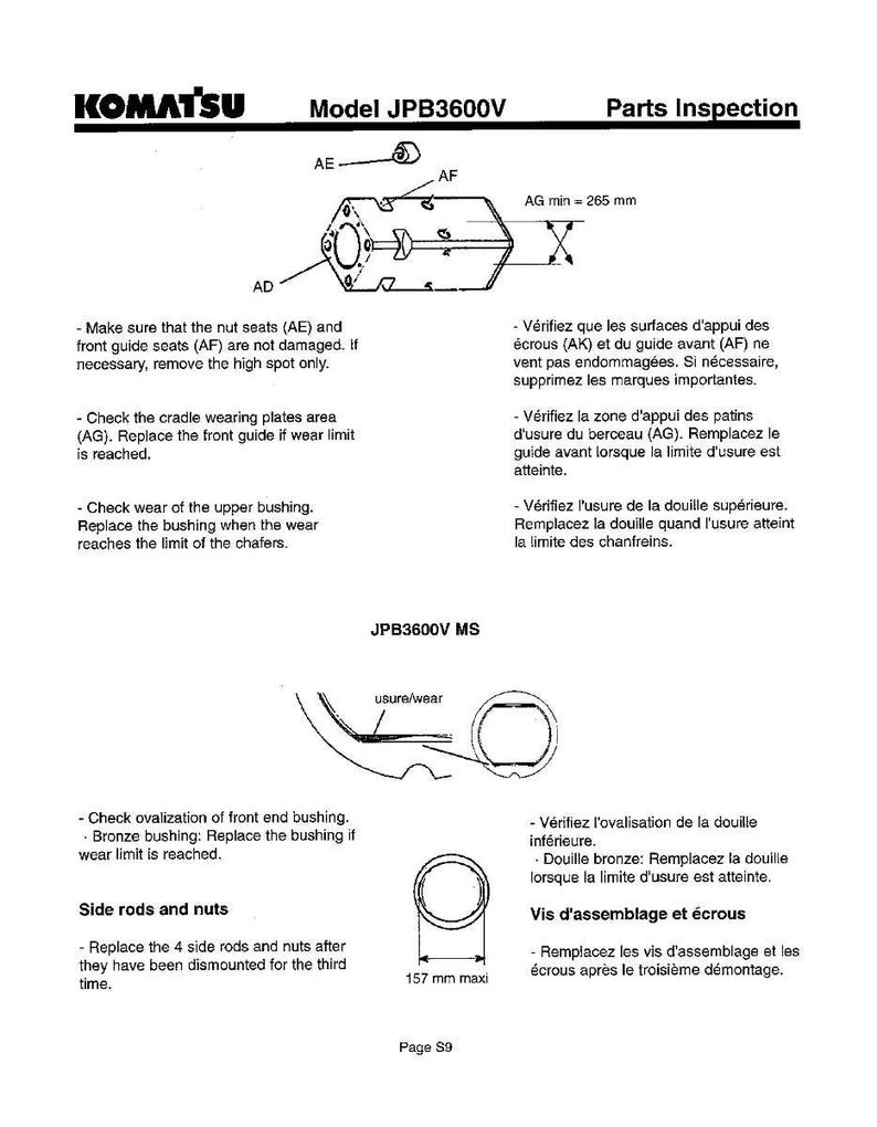 K&ouml;nnte beinhalten: Eine technische Zeichnung von Komatsu, Modell JPB3600V, mit detaillierten Verfahren zur Teileinspektion. Das Bild enth&auml;lt Diagramme von Komponenten mit Bezeichnungen wie AE, AF und AG sowie Textanweisungen auf Deutsch. Ma&szlig;e sind in Millimetern angegeben.