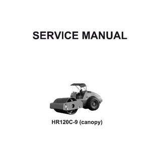 May include: A service manual cover featuring a grayscale image of a road roller with a canopy. The text "SERVICE MANUAL" is at the top, and "HR120C-9 (canopy)" is at the bottom.
