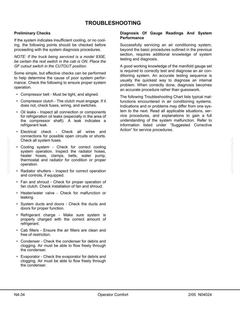 May include: A troubleshooting guide for an air conditioning system, with sections on preliminary checks and diagnosis of gauge readings. The text includes instructions for checking components and ensuring proper system operation. The document is labeled N4-34.