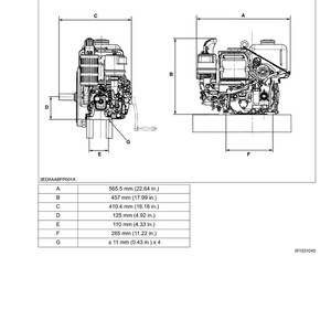 Puede incluir: Diagrama t&eacute;cnico de un motor EA300-E2-NB1 con dimensiones en mil&iacute;metros y pulgadas. El diagrama incluye vistas laterales y superiores, etiquetadas de A a G, con medidas como 565,5 mm (22,64 pulgadas) para la dimensi&oacute;n A.