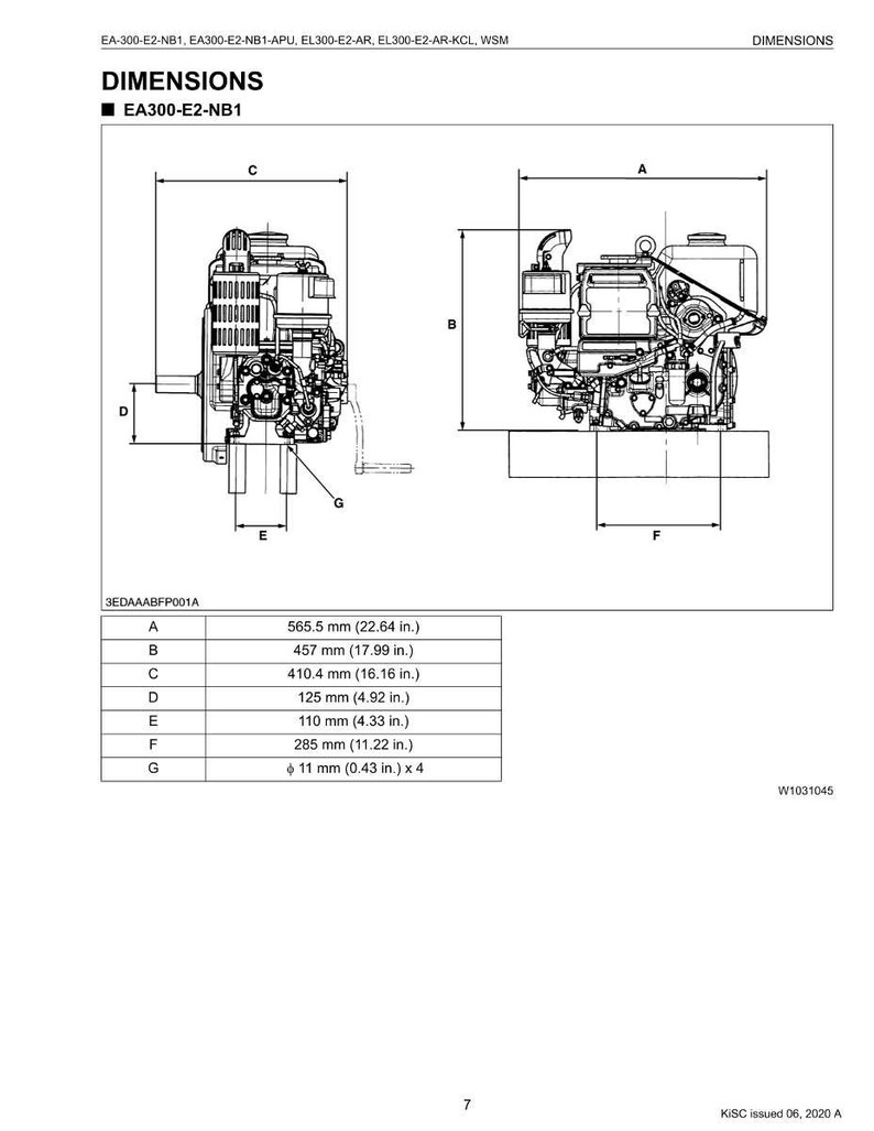 Puede incluir: Diagrama t&eacute;cnico de un motor EA300-E2-NB1 con dimensiones en mil&iacute;metros y pulgadas. El diagrama incluye vistas laterales y superiores, etiquetadas de A a G, con medidas como 565,5 mm (22,64 pulgadas) para la dimensi&oacute;n A.