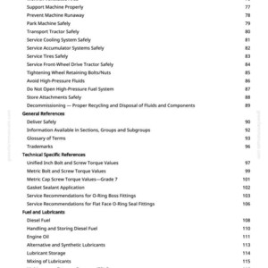 May include: A manual page detailing safety and maintenance procedures. The topics cover machinery operation, fuel, and lubricants. The page features a white background with black text and page numbers.
