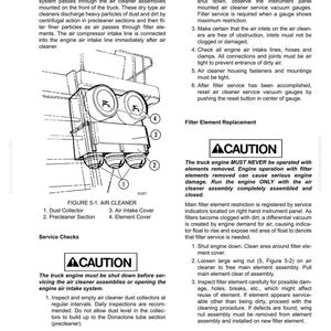 May include: Diagram of an air cleaner assembly with numbered parts, including dust collector, precleaner section, air intake cover, and element cover. Text details service checks and filter element replacement.