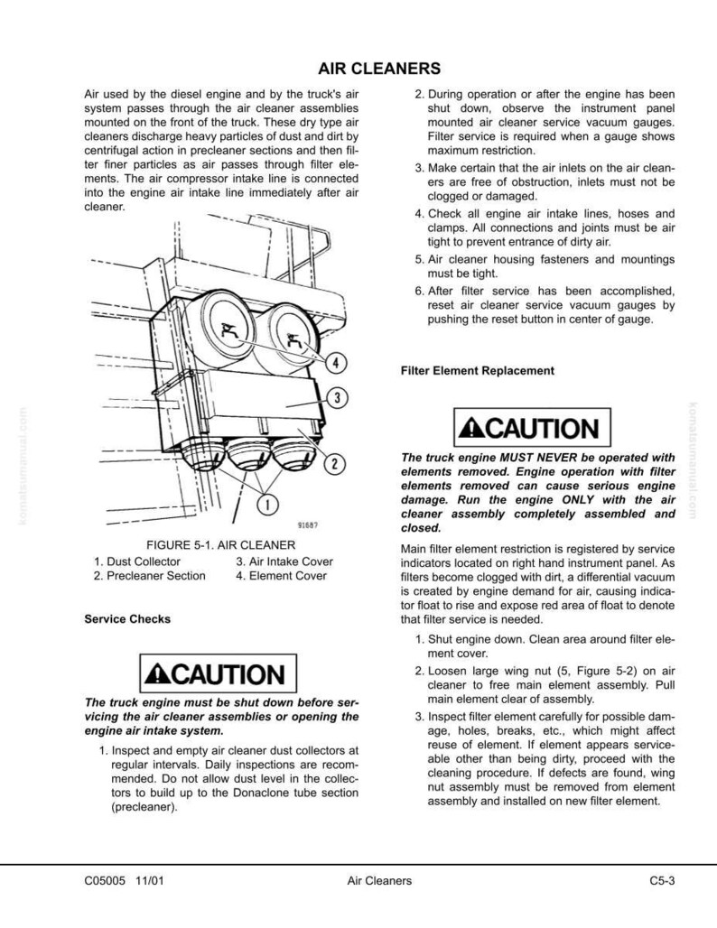 May include: Diagram of an air cleaner assembly with numbered parts, including dust collector, precleaner section, air intake cover, and element cover. Text details service checks and filter element replacement.