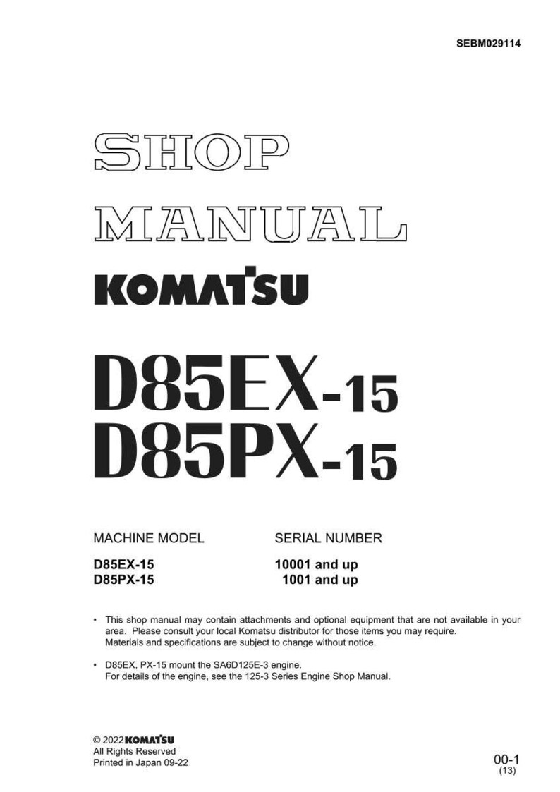 Pode incluir: Manual de oficina branco com o texto "SHOP MANUAL" e o logotipo "KOMATSU" em preto. Apresenta os modelos D85EX-15 e D85PX-15. Impresso no Jap&atilde;o, inclui especifica&ccedil;&otilde;es t&eacute;cnicas.