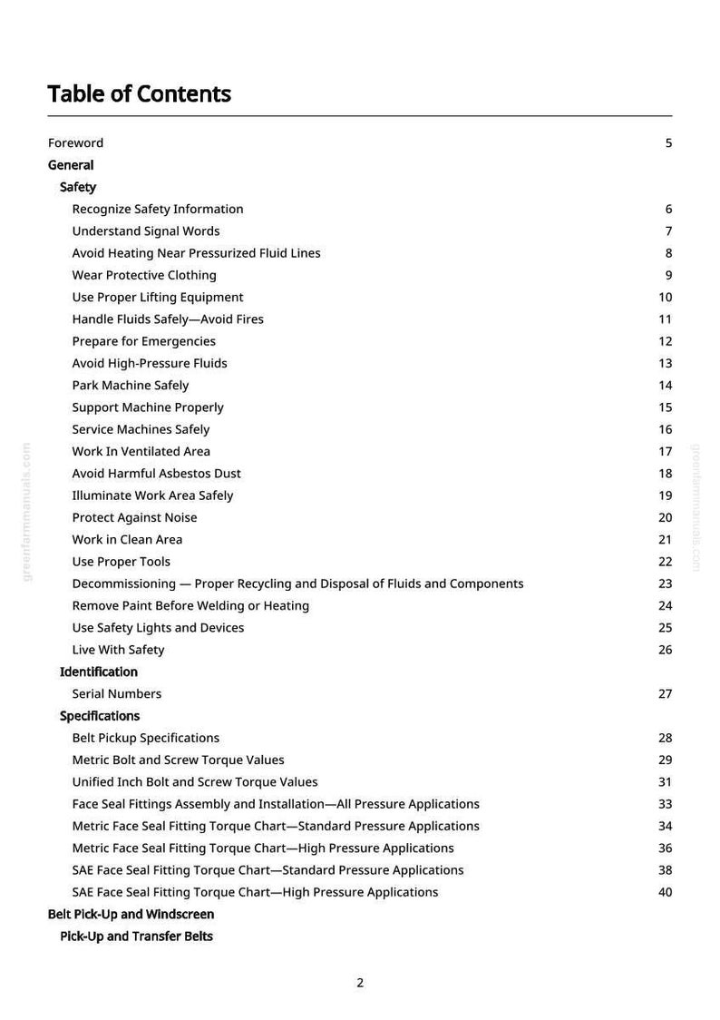 Puede incluir: Una p&aacute;gina blanca de un manual titulada "Tabla de Contenidos". Enumera temas de seguridad como "Usar ropa protectora" y "Evitar fluidos a alta presi&oacute;n". El n&uacute;mero de p&aacute;gina es 2.