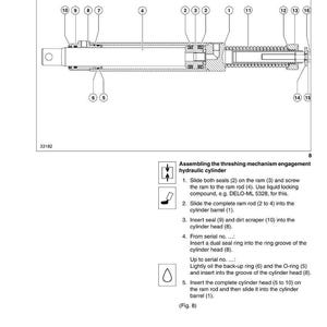 May include: Diagram of a hydraulic cylinder for low-pressure hydraulics, with numbered components and assembly instructions. The diagram includes a cylinder barrel, ram rod, seals, and other parts. The CLAAS logo is at the top.