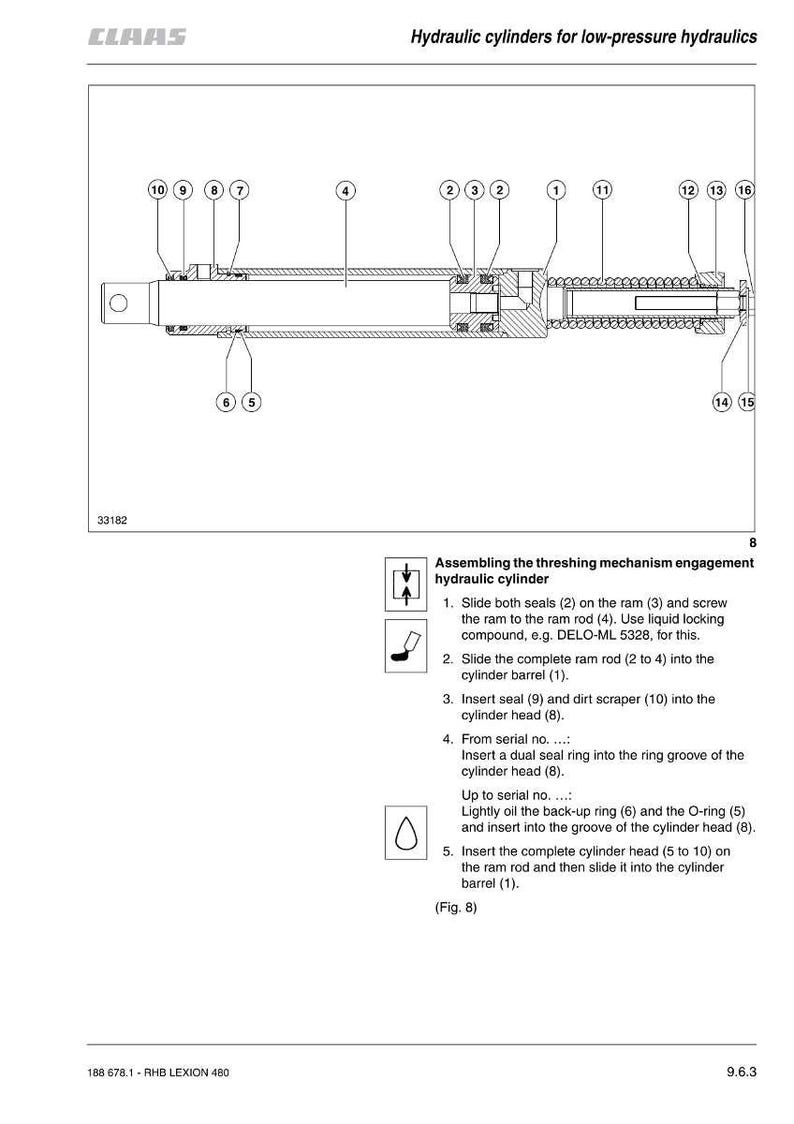 May include: Diagram of a hydraulic cylinder for low-pressure hydraulics, with numbered components and assembly instructions. The diagram includes a cylinder barrel, ram rod, seals, and other parts. The CLAAS logo is at the top.
