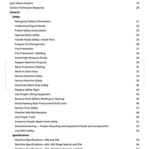 May include: A white page titled "Table of Contents" from a manual. The text lists safety topics, machine specifications, and other technical information. The page numbers are on the right side.
