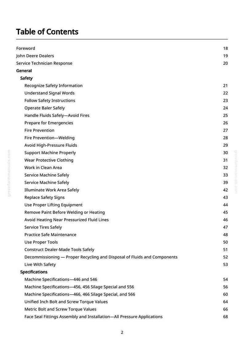 May include: A white page titled "Table of Contents" from a manual. The text lists safety topics, machine specifications, and other technical information. The page numbers are on the right side.