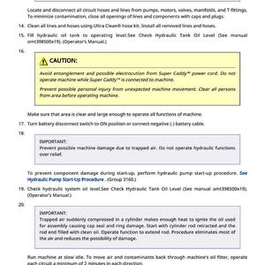 May include: A page from an operator's manual with safety instructions and procedures for a machine. The text includes warnings about entanglement, electrocution, and machine damage. It also provides steps for hydraulic pump start-up.