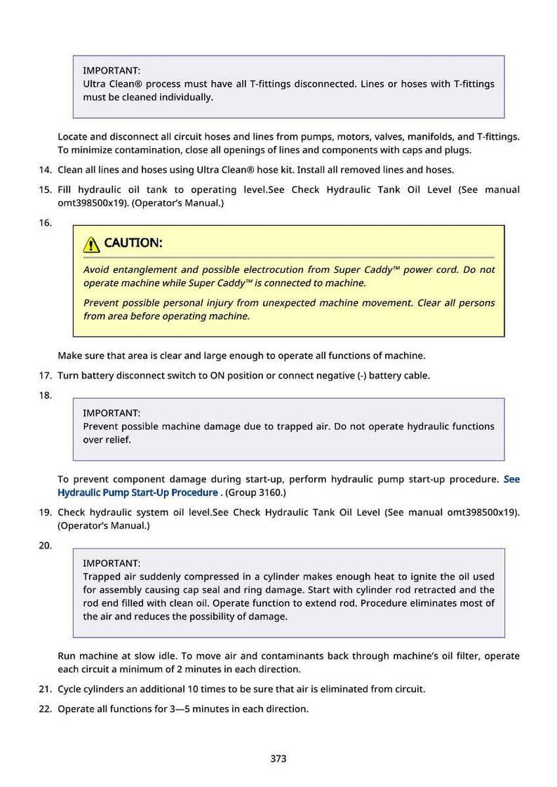 May include: A page from an operator's manual with safety instructions and procedures for a machine. The text includes warnings about entanglement, electrocution, and machine damage. It also provides steps for hydraulic pump start-up.