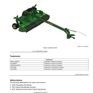 May include: A green and black mower conditioner C450, with a long arm and a yellow wheel. The image is a product view from a manual, with trademarks and abbreviations listed below.