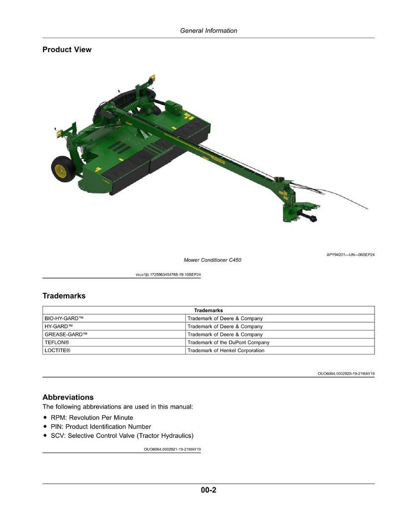 May include: A green and black mower conditioner C450, with a long arm and a yellow wheel. The image is a product view from a manual, with trademarks and abbreviations listed below.