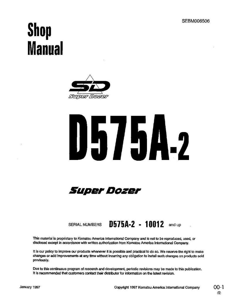 May include: A white shop manual cover with black text. The title "Shop Manual" is at the top, followed by the "SD Super Dozer" logo. The large text "D575A-2" is prominent. The words "Super Dozer" are below. The serial numbers are listed.