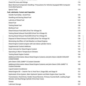 May include: A white page from a manual with a table of contents. The text includes topics like "Fuel, Lubricants, Coolant and Capacities" and "Diesel Exhaust Fluid (DEF)". The page number is visible at the right.