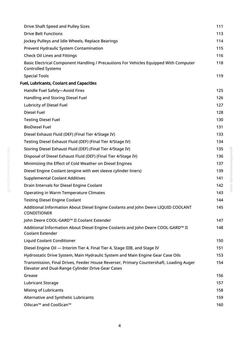 May include: A white page from a manual with a table of contents. The text includes topics like "Fuel, Lubricants, Coolant and Capacities" and "Diesel Exhaust Fluid (DEF)". The page number is visible at the right.