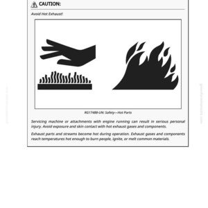 K&ouml;nnte beinhalten: Eine wei&szlig;e Seite mit dem Text "Remove and Install Decomposition Tube" und Sicherheitshinweisen. Schwarze Silhouette-Grafiken zeigen eine Hand, eine Oberfl&auml;che mit vertikalen Linien und Flammen. Der Text "CAUTION: Avoid Hot Exhaust!" ist ebenfalls vorhanden.