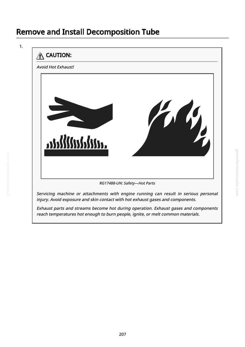 K&ouml;nnte beinhalten: Eine wei&szlig;e Seite mit dem Text "Remove and Install Decomposition Tube" und Sicherheitshinweisen. Schwarze Silhouette-Grafiken zeigen eine Hand, eine Oberfl&auml;che mit vertikalen Linien und Flammen. Der Text "CAUTION: Avoid Hot Exhaust!" ist ebenfalls vorhanden.