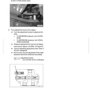 May include: Technical diagram from a manual detailing the method for adjusting main relief pressure. Includes close-up photos of engine components, diagrams, and instructions. Text includes measurements in MPa and Nm.