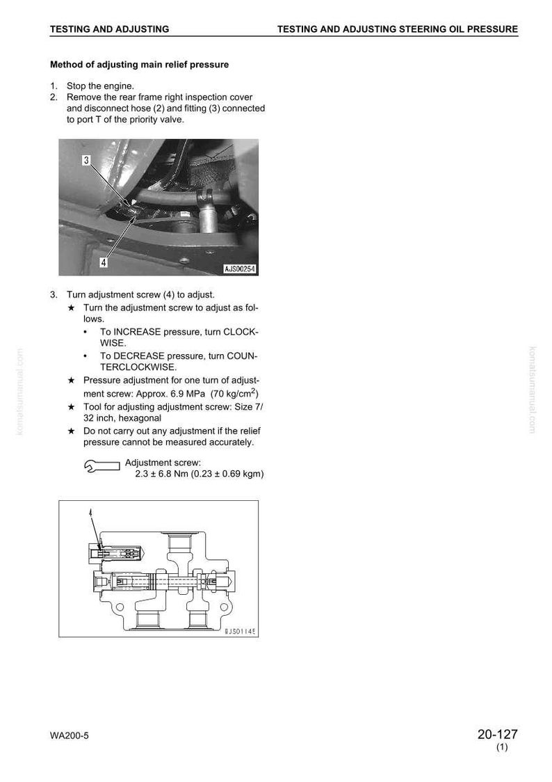 May include: Technical diagram from a manual detailing the method for adjusting main relief pressure. Includes close-up photos of engine components, diagrams, and instructions. Text includes measurements in MPa and Nm.