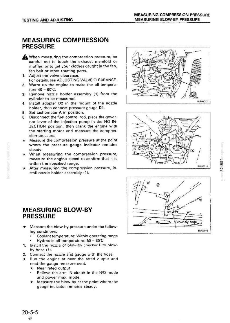 May include: Technical diagram from a manual detailing engine compression and blow-by pressure measurement. Includes illustrations of engine components, measurement tools, and step-by-step instructions. Text includes temperature ranges and component names.