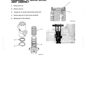 May include: Diagram of the disassembly of a center swivel joint assembly. The image includes labeled illustrations of the parts, including a cover, rotor, snap ring, and oil seal. Text instructions are provided for each step of the disassembly process.