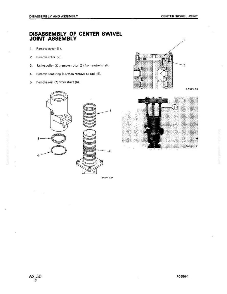 May include: Diagram of the disassembly of a center swivel joint assembly. The image includes labeled illustrations of the parts, including a cover, rotor, snap ring, and oil seal. Text instructions are provided for each step of the disassembly process.