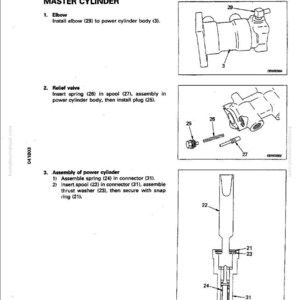 May include: Diagram of the assembly of a power master cylinder, with labeled parts and instructions. Includes illustrations of an elbow, relief valve, and power cylinder components. Text includes part numbers and assembly steps.