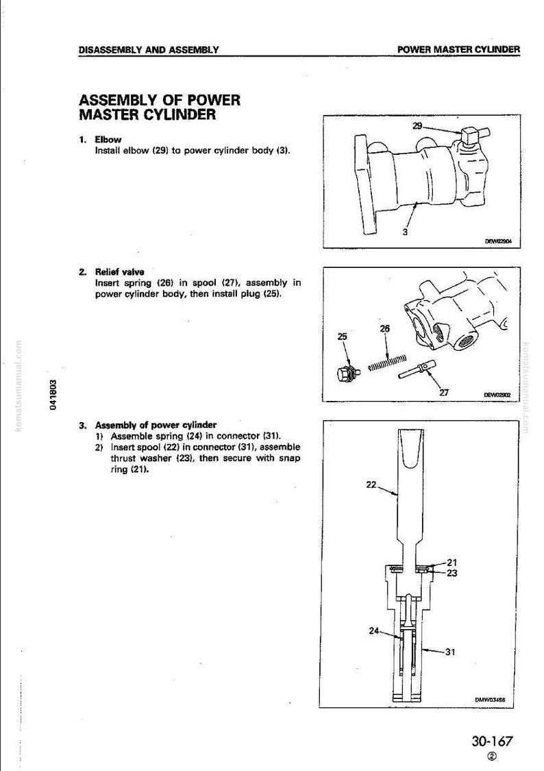 May include: Diagram of the assembly of a power master cylinder, with labeled parts and instructions. Includes illustrations of an elbow, relief valve, and power cylinder components. Text includes part numbers and assembly steps.