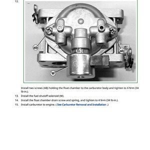 K&ouml;nnte beinhalten: Detaillierte Abbildung einer Vergaserbaugruppe, die verschiedene Komponenten wie Schwimmerkammer, Schrauben und Kraftstoffabsperrmagnetventil zeigt. Die Abbildung enth&auml;lt Anweisungen zur Installation und Anzugsmomente in lb-in.