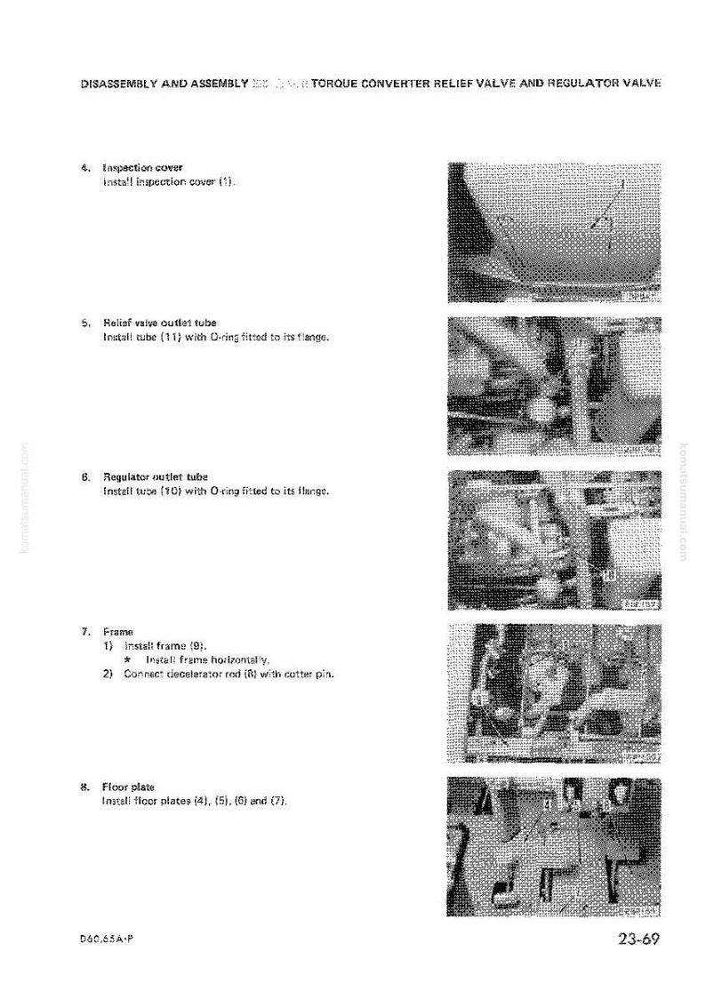 May include: A technical diagram with the title "DISASSEMBLY AND ASSEMBLY TORQUE CONVERTER RELIEF VALVE AND REGULATOR VALVE". The diagram includes numbered steps with accompanying images of mechanical components.