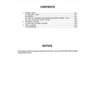 May include: A white document with the title "MECHANISM" in a black bar at the top. The document lists contents including engine body, cooling system, and fuel system. A notice at the bottom directs readers to refer to ENGINE MECHANISM WSM (97897-01870).