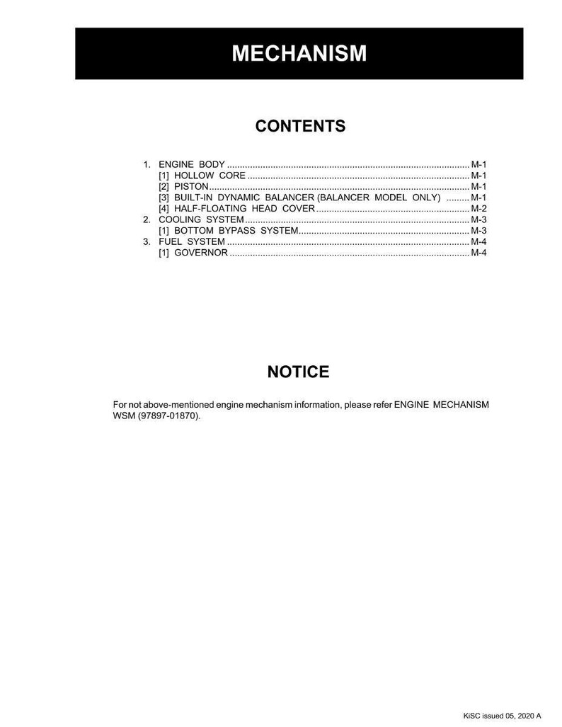 May include: A white document with the title "MECHANISM" in a black bar at the top. The document lists contents including engine body, cooling system, and fuel system. A notice at the bottom directs readers to refer to ENGINE MECHANISM WSM (97897-01870).